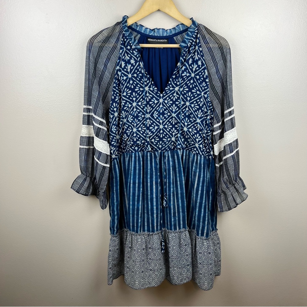 Hemant & Nandita Susan Tunic Dress Size Medium Peasant Boho Flounce Hem Blue